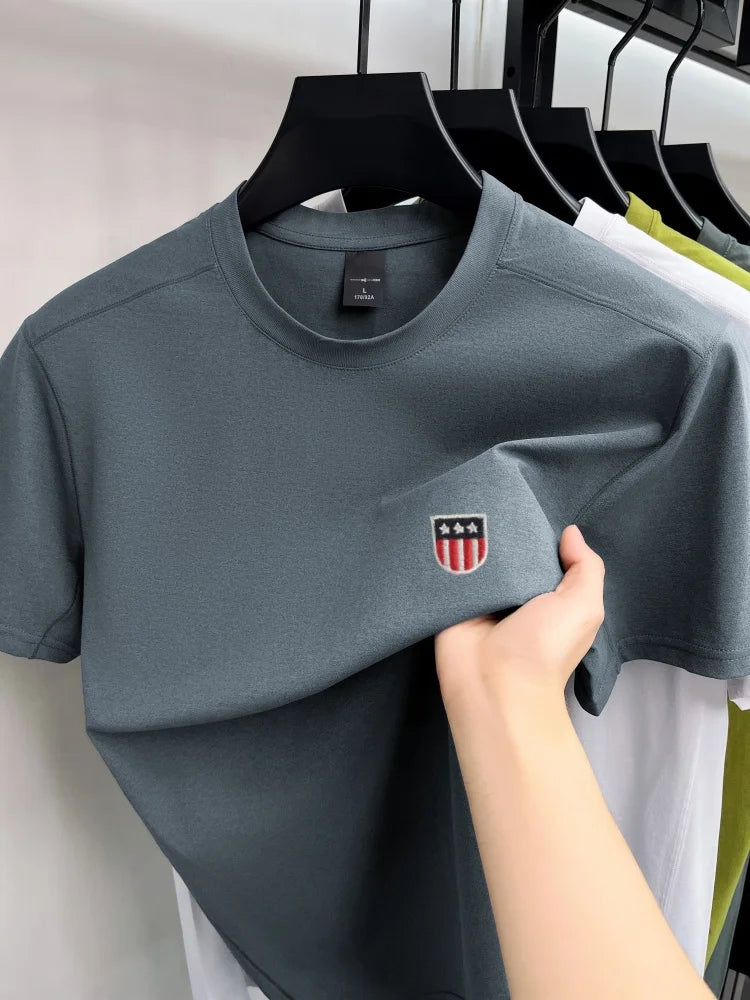 High end ice silk short sleeve T-shirt men's fashion luxury brand exquisite embroidery design, summer breathable round neck top