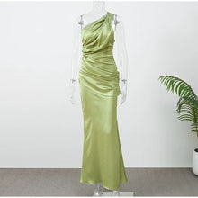 Women Green Ruched Elegant Satin Maxi Dress Mermaid One-shoulder Cutout Slim Fit Flowy Vestido 2026 Lady Summer Evening Vestidos