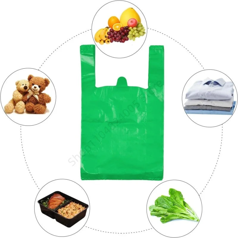 100Pcs Green Plastic Bag Disposable Vest Bag with Handle Kitchen Living Room Clean Food Packaging Supermarket Shopping Bag