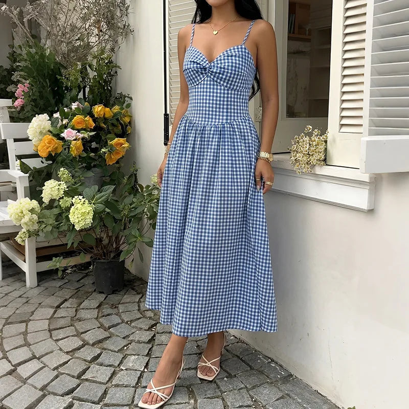 Womens Gingham Maxi Dress V Neck Spaghetti Strap Knot Front