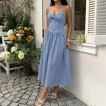 Women Gingham Maxi Dress V Neck Spaghetti Strap Knot Front