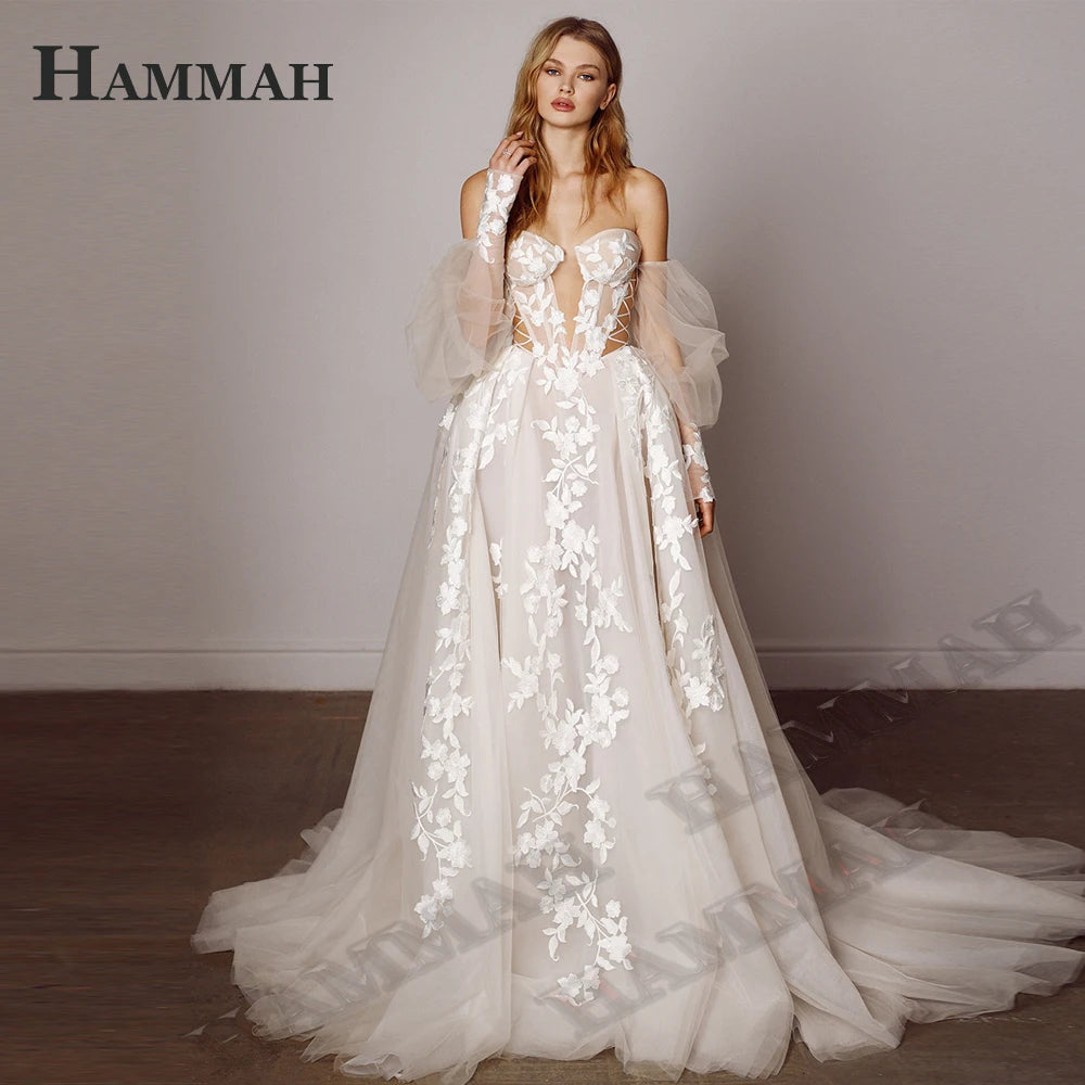 HAMMAH Elegant V Neck Wedding Dresses Mermaid Appliques Lace Spaghetti Strap Satin Court Train Robe De Mariee Customized