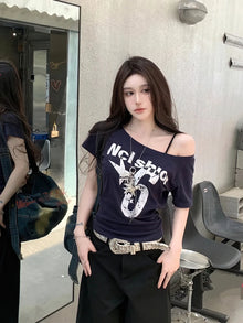 Y2K Off Shoulder Crop Top Women Summer Vintage 2000s Slim