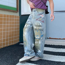 2026 New Street Graffiti Ripped Painted Jeans for Men, Straight Loose Wide-Leg Trendy Brand, Cool and High-End