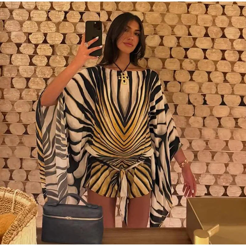 Holiday Loose Striped Mini Dress Women Round Neck Batwing Sleeve Lace Up Chic Dresses Female 2026 Summer Vacation Beach Robes