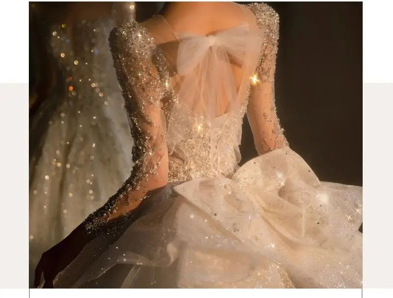 2024 Long Sleeve Beading Wedding Dress  Square Collar Luxury Sweep Train Winter Bridal Gowns Vestido De Noiva Customized