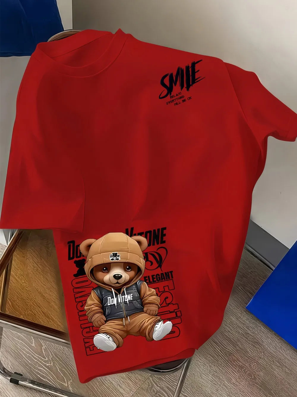 European and American men's summer personalized letter bear print comfortable and breathable round neck T-shirt outdoor street t