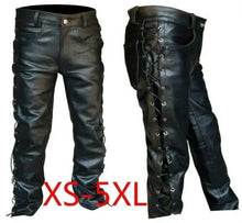 Pantalon de moto en cuir noir pour homme, style jean à lacets latéraux, pantalon en cuir épais