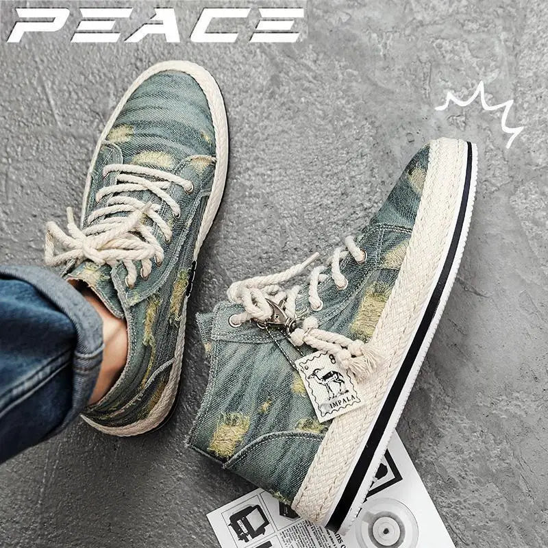 Men's Denim Canvas Sneakers Breathable High Top Sneakers for Men Slip On Sneakers Spring Summer Casual Platform Vulcanized Shoes