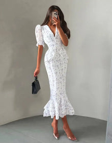 Robe longue à imprimé, col en V, taille cintrée et plissée, à revers et manches courtes, taille haute, élégante, nouvelle robe d'été pour femme
