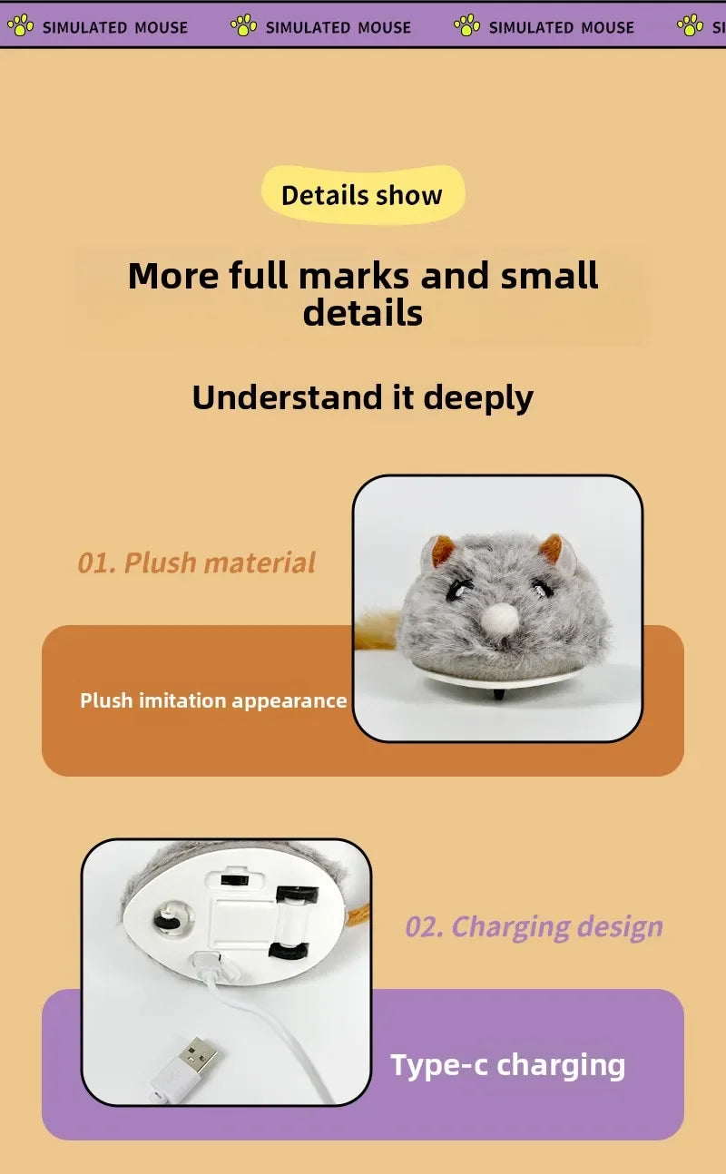 Fun Realistic Cat Plush Mouse Toy, Interactive Running Mice with Dog Tail for Cats, Kitten Teaser Pet Toys for Indoor Play and