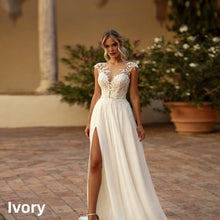 A Line Wedding Dress Cap Sleeve Sheer V Neck Leaf Lace Chiffon Side Split Pearl Button Back Sweep Train Custom Bridal Dress