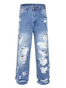 Men's Ripped Baggy Jeans Loose Fit Distressed Denim Pants Light Wash Y2K Streetwear Wide Leg Style
