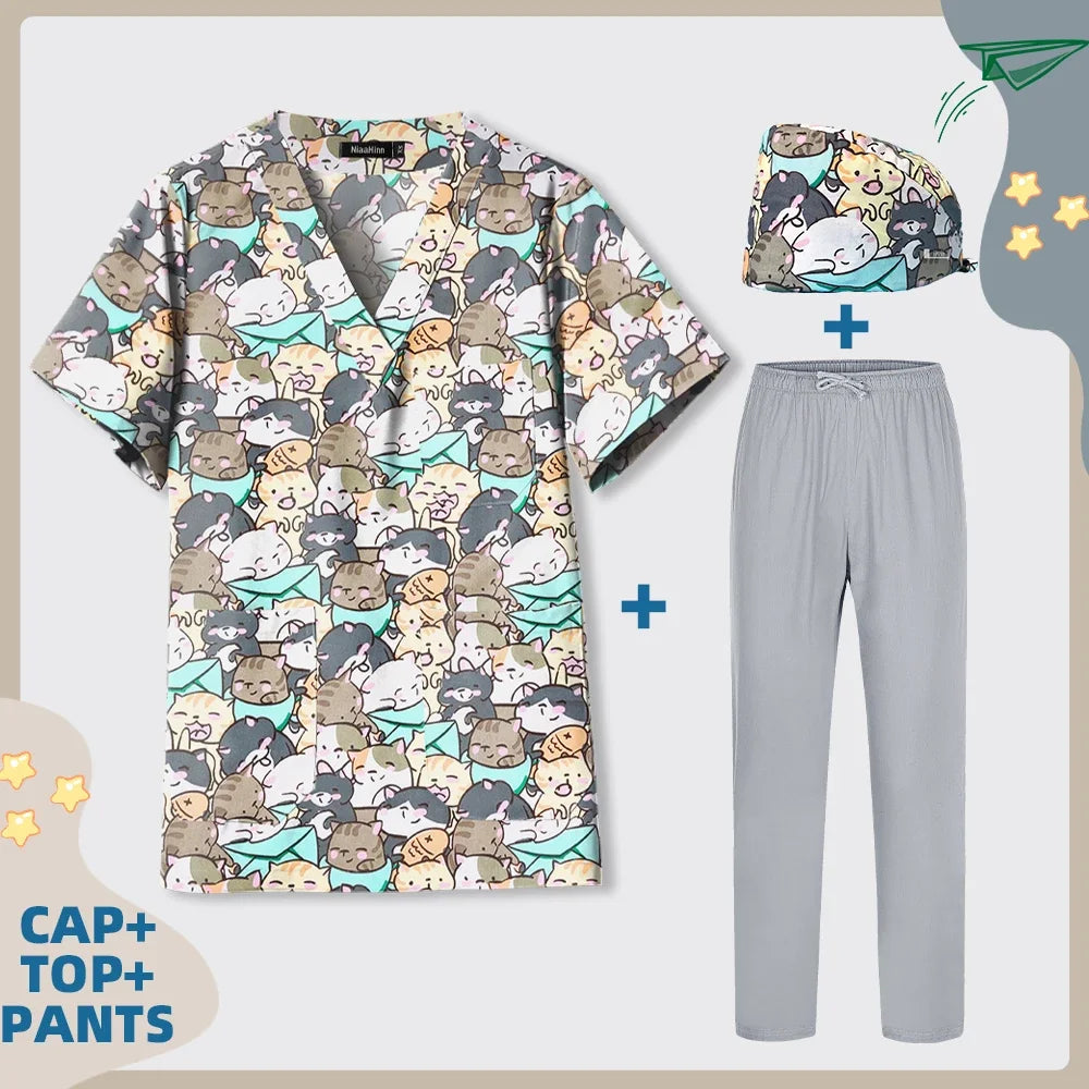 Print Dogs/Cats/Rabbit Scrub Tops Women Men Medical Scrub Shirts Pet Shop Vet Workwear Doctor Nurse Uniform Dentist Overalls Cap