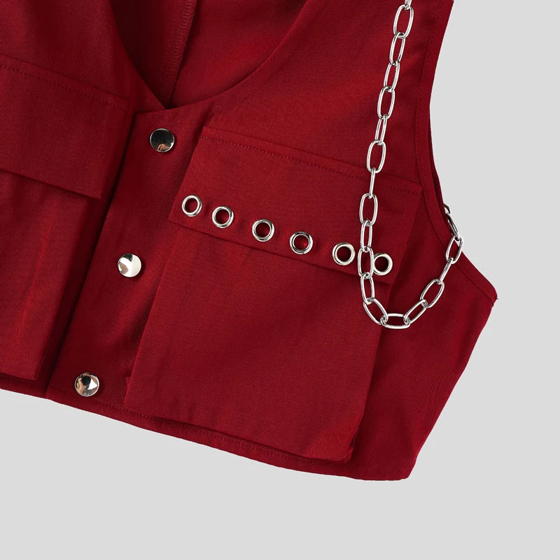 INCERUN Men Vests Solid Color Chain Decoration V Neck Sleeveless Crop Tops Men Streetwear Fashion Casual Male Waistcoats S-3XL
