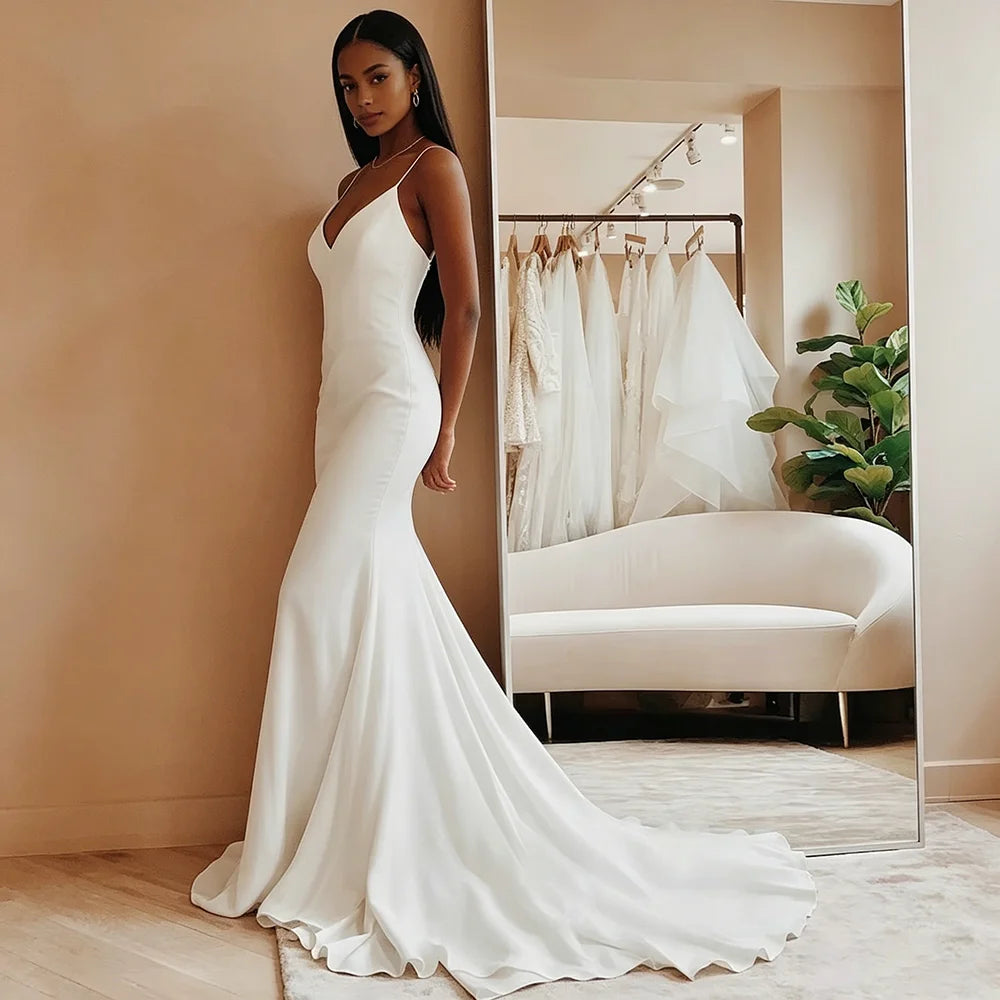 Customized Modern Simple Satin Wedding Dresses V-neck Spaghetti Straps Backless Formal Pleated Bridal Grown vestidos Sweep Train