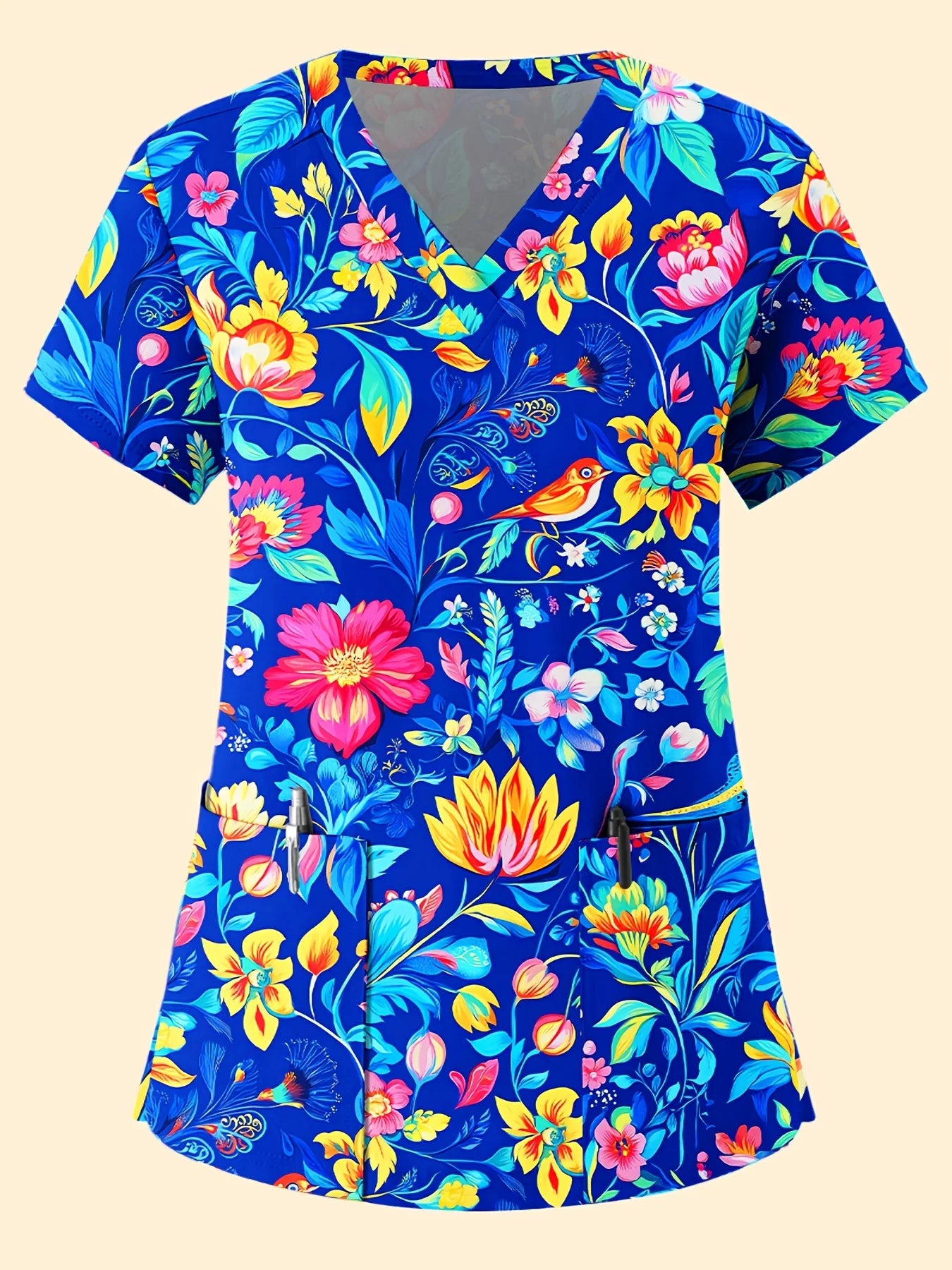 Fashion floral Nurse Uniform Short-Sleeve Shirt Commuting Work V-Neck Top Short Sleeves Functional Patch Pockets Women's T-Shirt