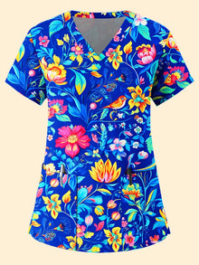 Fashion floral Nurse Uniform Short-Sleeve Shirt Commuting Work V-Neck Top Short Sleeves Functional Patch Pockets Women's T-Shirt