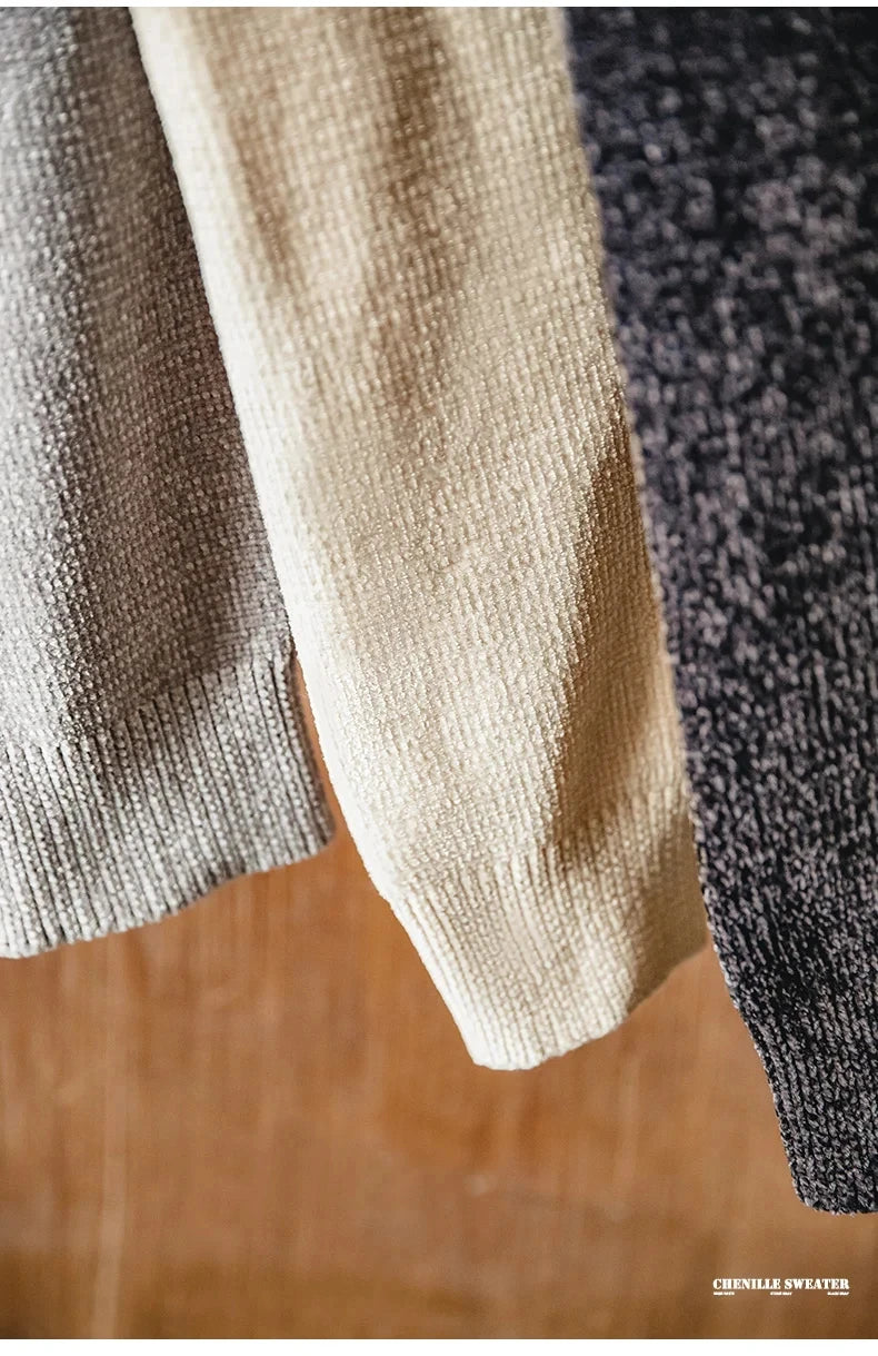 Maden Casual Chenille Round Neck Sweater for Men Warm Skin-friendly Beige Knitwear Autumn Winter Basic Solid Color Soft Sweater
