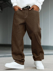 Men's vintage brown-and-white thin pinstripe loose wide-leg denim trousers, Y2K workwear street-style unisex casual jeans