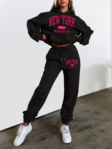 New York Print Two piece Set Casual Kangaroo Women's Casual Fashion Round Neck Sweatshirt, Solid Color Long Sleeves Sweatshirt,