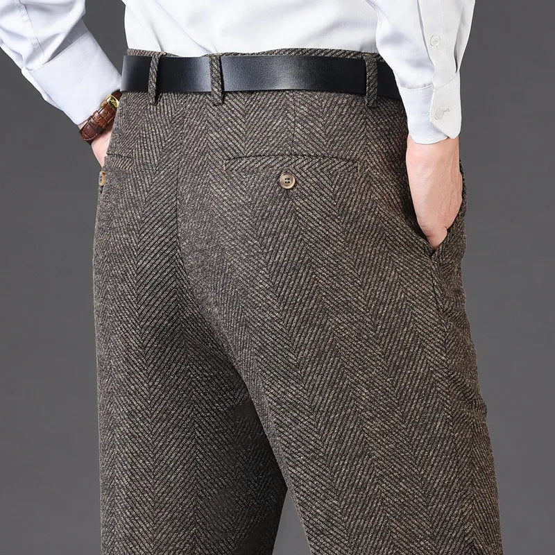 Flat Cashmere Suit Trouser For Male Loose Plaid Hight Waist Classic Straight Formal Mens Dress Pants Business Size 42 44