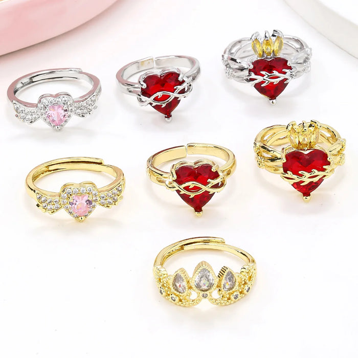 SUNSLL Classic Cubic Zircon Red Sacred Heart Rings For Women Girls Angel's Wings Gold Plated Wedding Party Jewelry Gifts