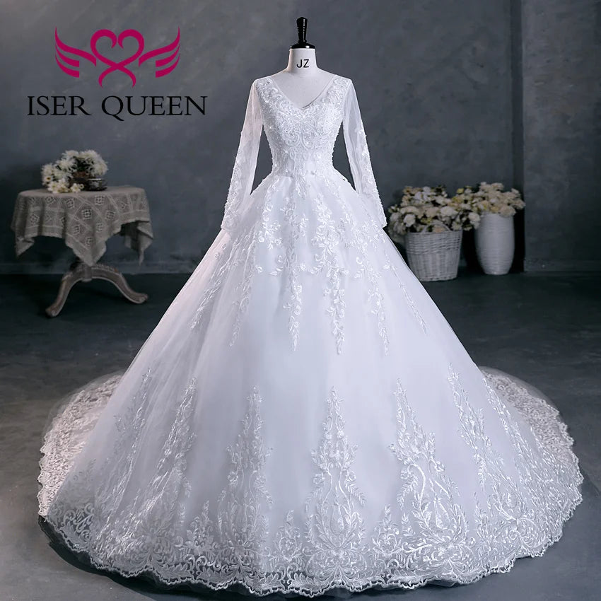 Customized Beaded Pretty Lace Appliques Wedding Dress A line  Long Sleeves V neck Plus Size Wedding Dresses For Women WX0303