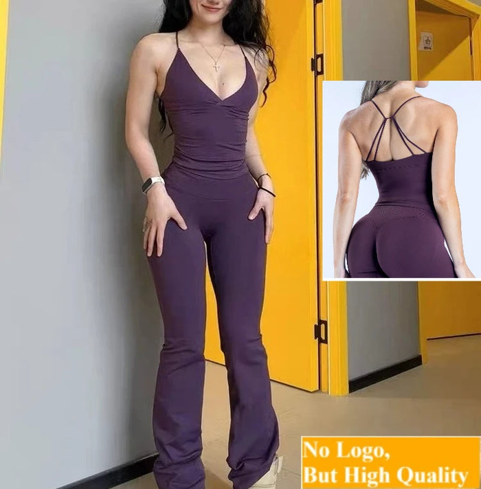 NO LOGO 2 Pieces Flared Legging Set Women Twist Front Sports vest Top Wide Leg Yoga Pants Seamless Yoga Set Tracksuits Workout