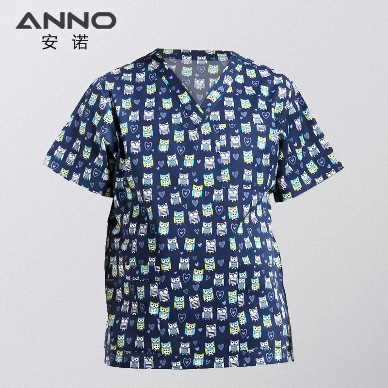 ANNO Hospital Staff Scrubs Top Medical Sanitary Nursing Uniform Dental Clinic Print Beauty Caregiver Coveralls