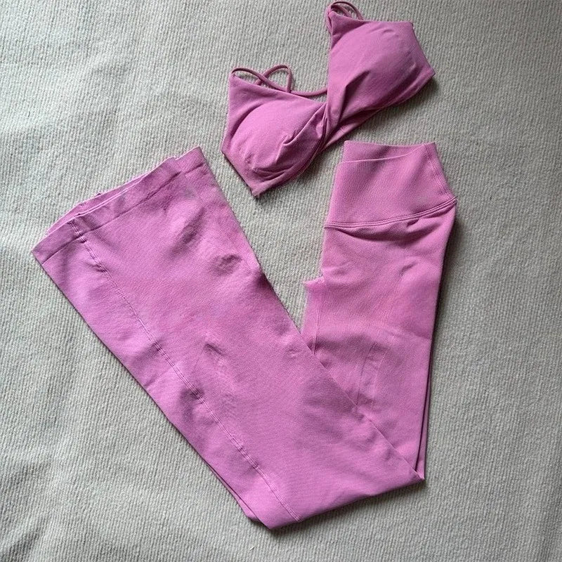 NO LOGO 2 Pieces Flared Legging Set Women Twist Front Sports vest Top Wide Leg Yoga Pants Seamless Yoga Set Tracksuits Workout