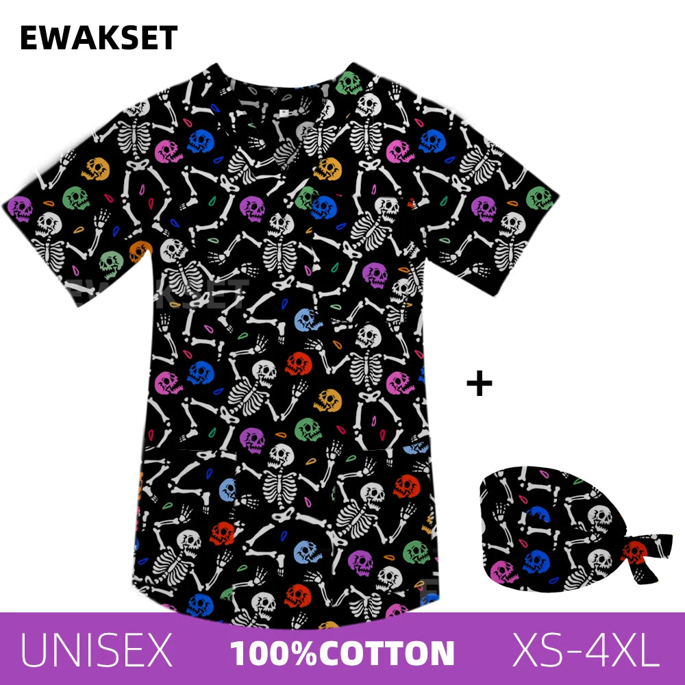 New Top for orthopedics Cotton bones skeleton printed Medical Blouse V-neck Nurse Doctor Operating T shirts Unisex Scrub Clothes