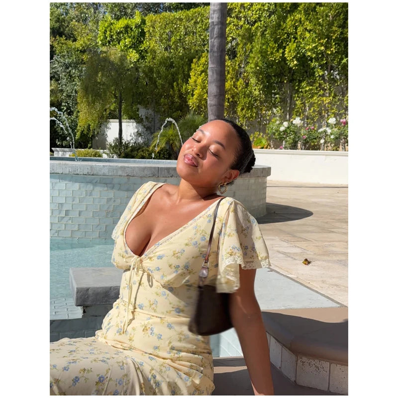 Fashion V-neck Floral Women Maxi Dress Flutter Sleeve Lace Trim High Waist Chiffon Vestidos Summer Female Daily Vacation Dresses