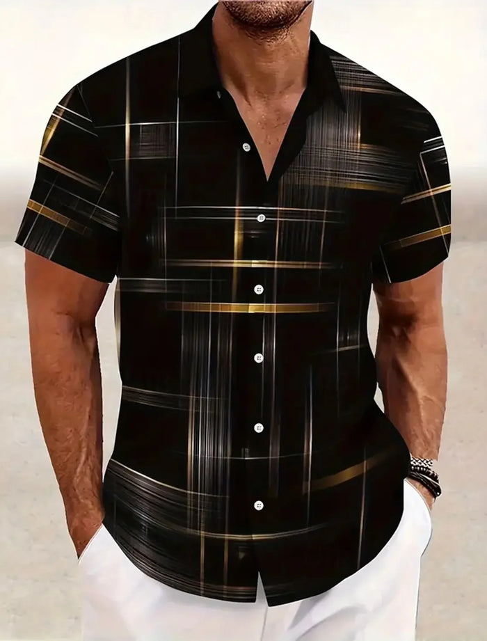 Chemise d'été pour homme à motif géométrique et carreaux, manches courtes, col rabattu, style hawaïen, boutonnée, sans poche
