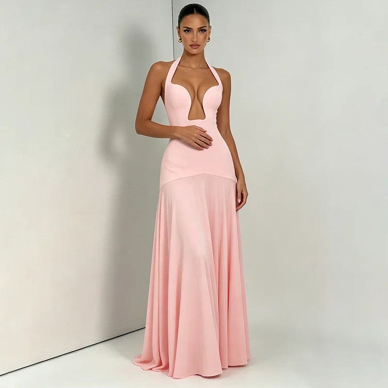 2026 NEW Summer Women Halter Front Cut Out V Neck Bodycon Maxi Dress Sleeveless Sexy Elegant Club Evening Party Long Dress