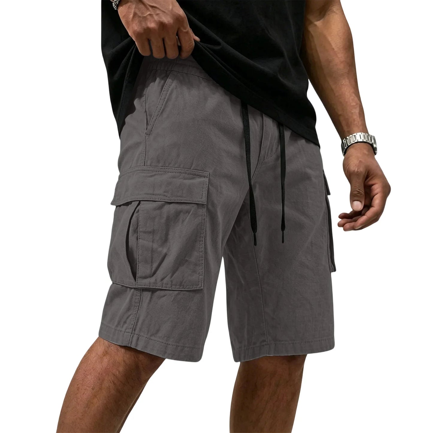 Men Multi-color Cargo Shorts Summer Loose Drawstring Elastic Waist Multi Pocket Quick Dry Casual Five Point Street Shorts