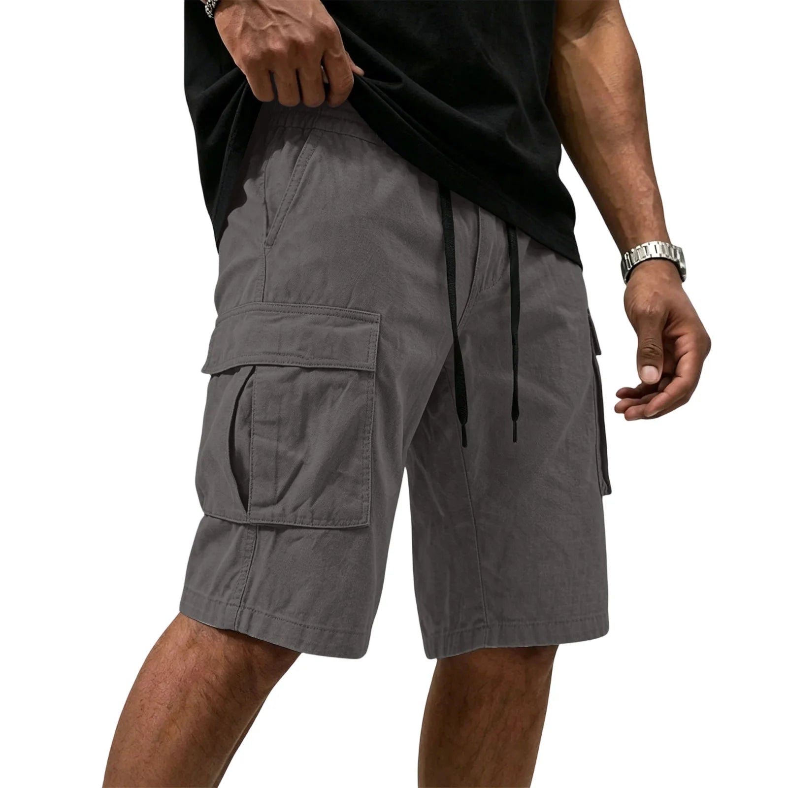Men Multi-color Cargo Shorts Summer Loose Drawstring Elastic Waist Multi Pocket Quick Dry Casual Five Point Street Shorts