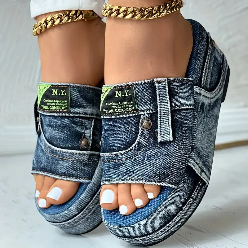 Platform Women Slippers New Summer Elegant Denim Sandals Comfortable Slip on Shoes Beach Walking Slippers Casual Slides Women