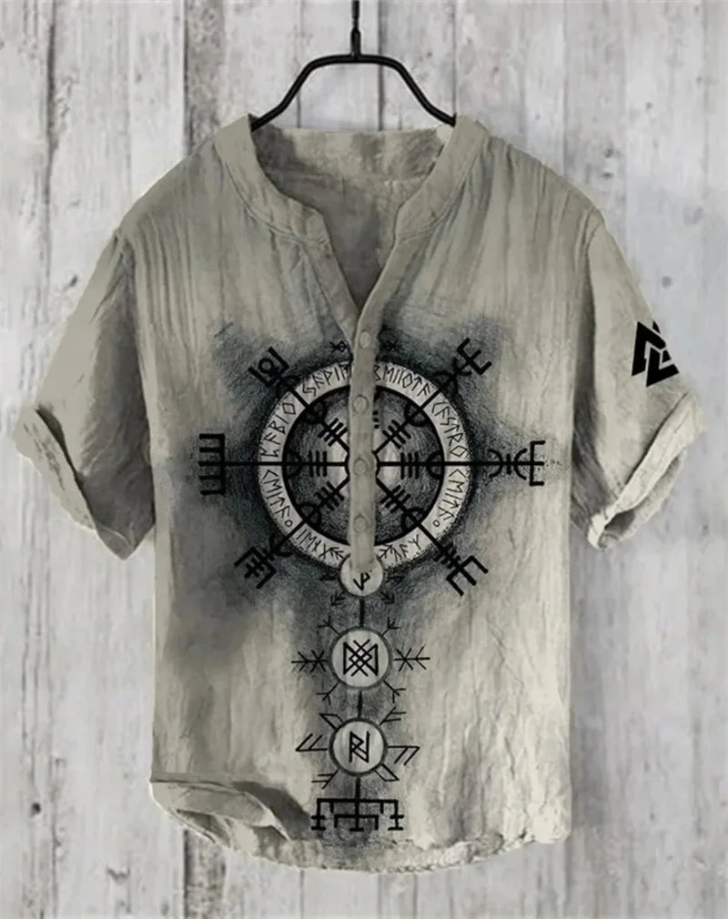 Summer New Men's Short Sleeve Shirt Pattern Art Print Men's 100% Linen Button Shirt Short Sleeve Comfort Shirt