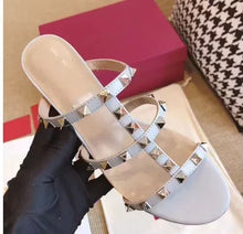 Women Soft Leather Stud Flat Shoes Open Toe Summer Black White Brown Slippers Seam Retro Leisure Slides EU34-43 Big Gold Rivets