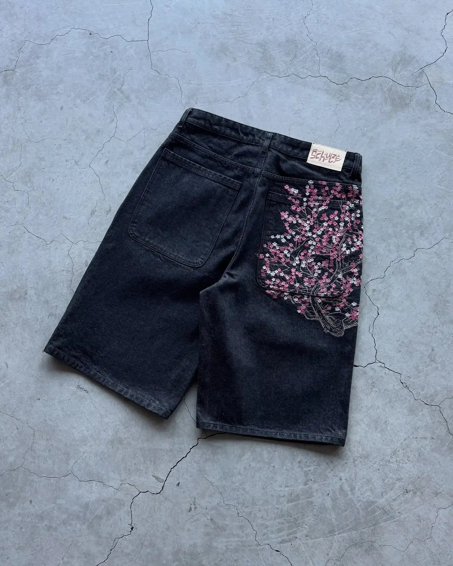 Hip Hop Cartoon Pattern Pocket Embroidery Denim Shorts Y2k Retro Baggy Dark Blue Jeans Short Men Women Street Skateboard Jorts