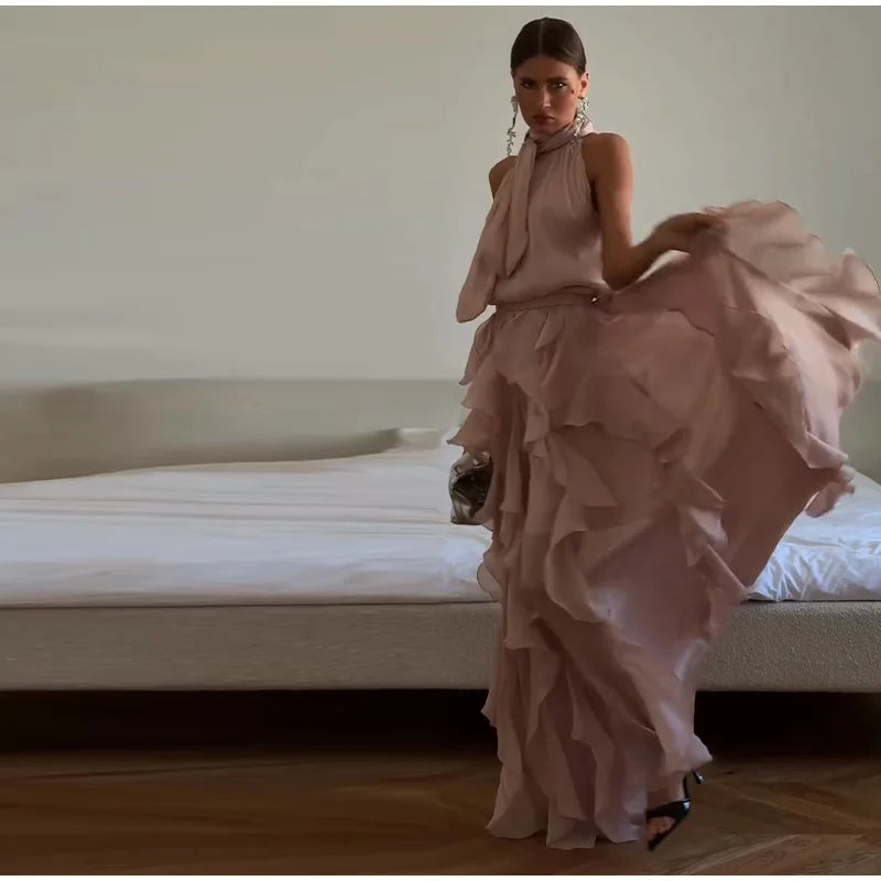 Sexy Cascading Ruffle Pleated Women Long Dress Fashion Lace Up Sleeveless Empire Female Dresses 2026 Spring Summer Lady Robe