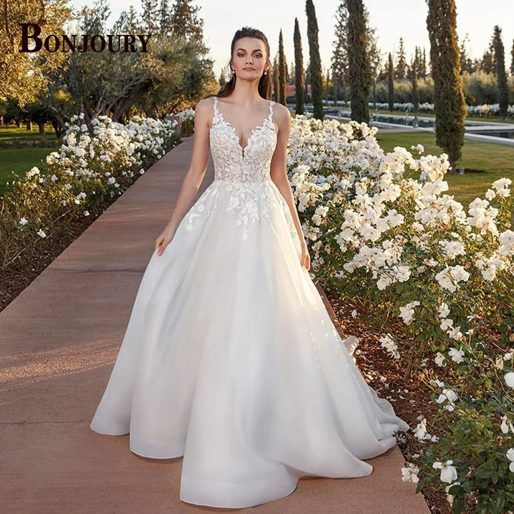 BONJOURY Simple V-neckline Wedding Dress for Woman Bride Satin Pockets Chapel Train Button Vestido De Casamento Drop Shipping