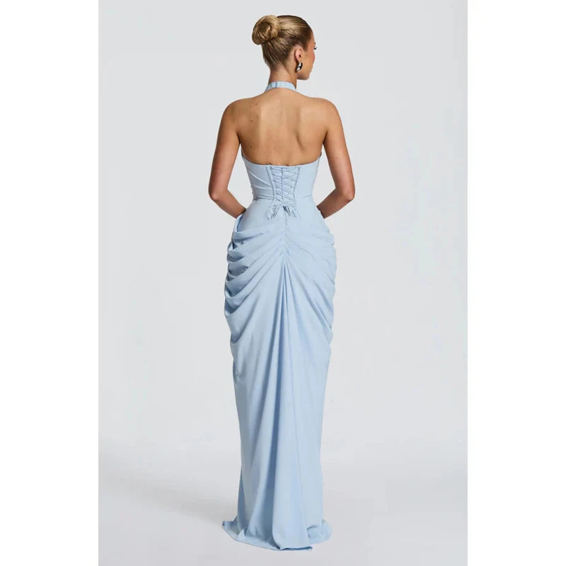 Sexy Solid Pleated Halter Dress Women Fashion Sleeveless Backless Waist-cinching Split Maxi Dresses 2026 Summer Lady Party Gowns