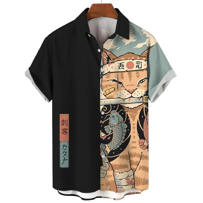 Hauts pour hommes style samouraï chat, mode masculine, nouveau t-shirt d'été, chemise hawaïenne décontractée à manches courtes, style anime, coupe ample