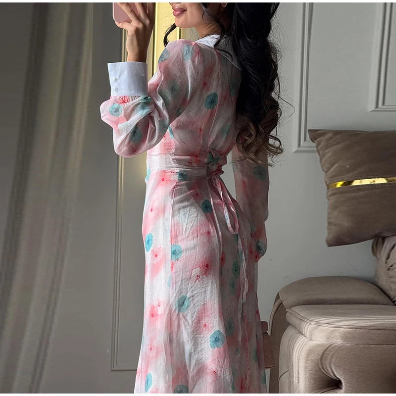 Women Printed V Neck Long Dress Flared Sleeve Lotus Leaf Edge High Waist Slim Fit Maxi Dresses Lady Elegant Evening Party Dress