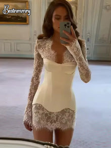 Lace Patchwork Mini Dress For Women V Neck Bodycon Party