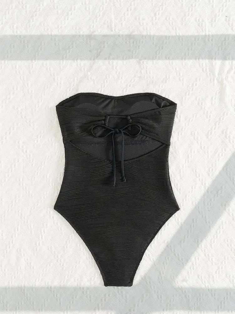 Cikini Sexy One-Piece Swimsuit Solid Color Textured Seashell Starfish Pendant Detachable Strapless Halter Backless Hollow Out