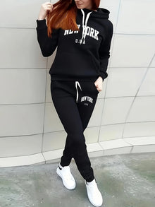 New York Print Two piece Set Casual Kangaroo Women's Casual Fashion Round Neck Sweatshirt, Solid Color Long Sleeves Sweatshirt,