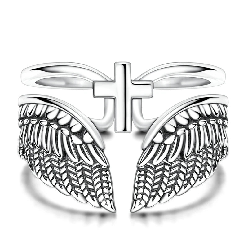 Original 925 Sterling Silver Wings Cross Open Ring For Women Adjustable Size Ring Punk Style Party Jewelry Gift